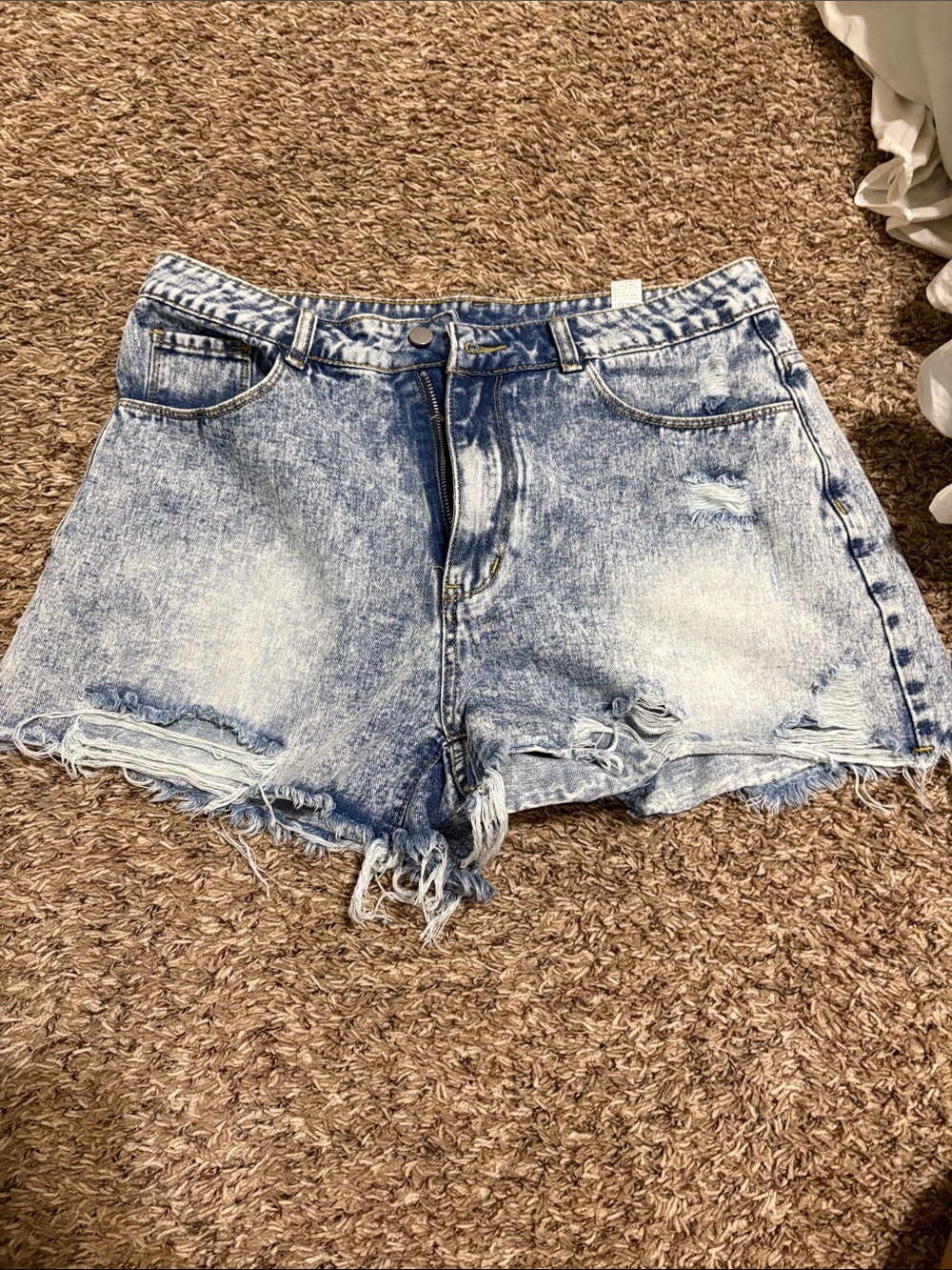 High-Rise Light Blue Acid Wash Denim Shorts